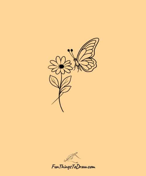 Drawing of a butterfly landing on a flower