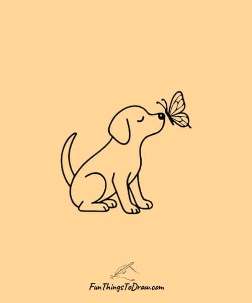 Drawing of butterfly with a dog sniffing it