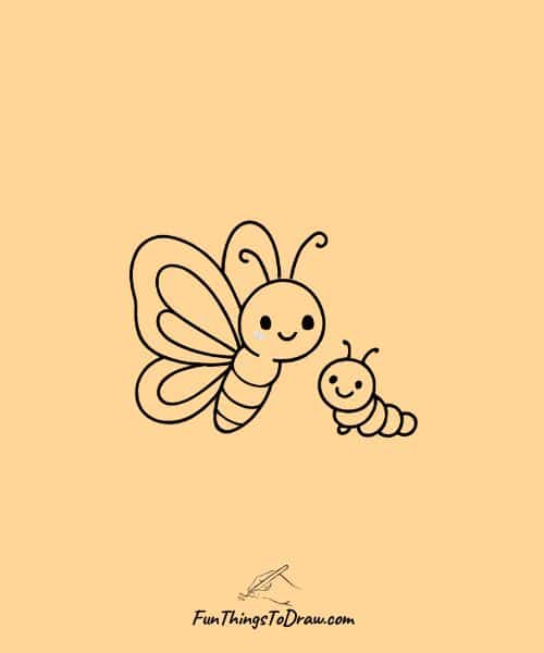 Drawing of Butterfly with a smiling caterpillar nearby