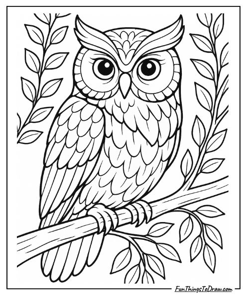 Wise owl sitting on a branch coloring page