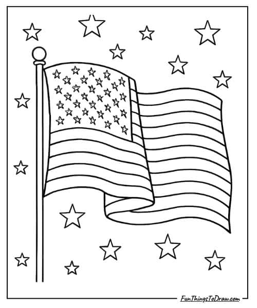 American Flag waving in the wind Coloring Page