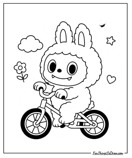 Labubu riding a bicycle coloring page