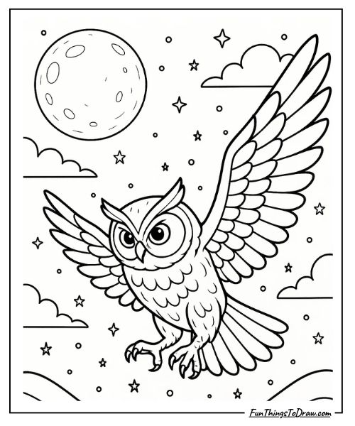 Owl hunting at night with moon coloring page
