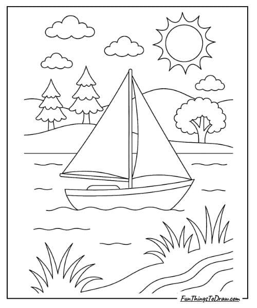 Sailboat on lake coloring page