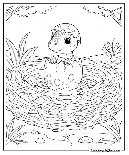 Dinosaur nest with baby dinosaur hatching coloring page