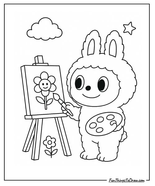 Cute Labubu painting on an easel coloring page