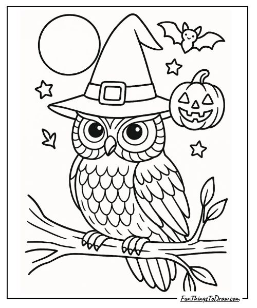 Owl wearing a witch hat for Halloween coloring page