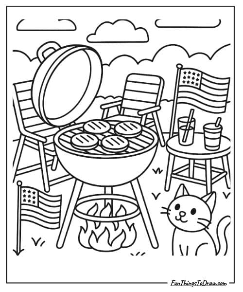 Backyard BBQ celebration coloring page