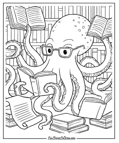 Octopus Librarian coloring page for adults