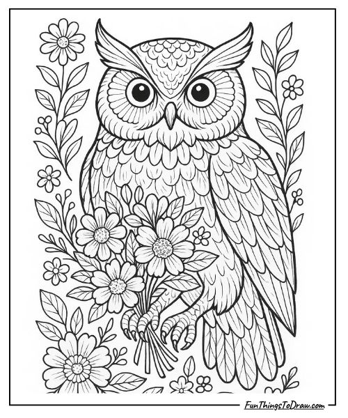 Owl with flowers in its talons coloring page