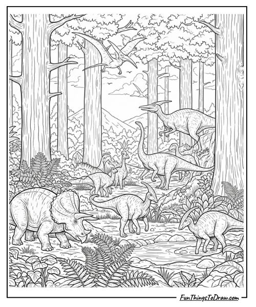 Prehistoric forest with multiple dinosaur species coloring page