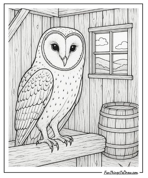 Barn owl in a rustic setting coloring page