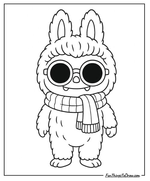 Labubu wearing a winter scarf coloring page