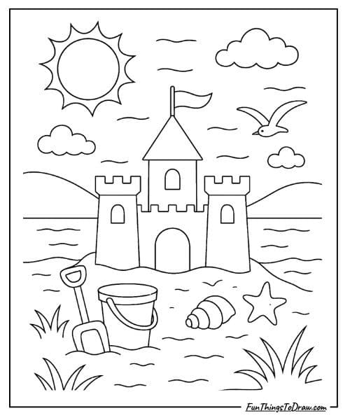Sandcastle on beach (August Coloring Page)