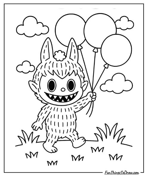 Labubu holding balloons coloring page
