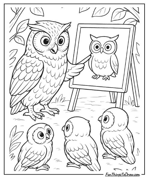 Owl teaching young owlets coloring page