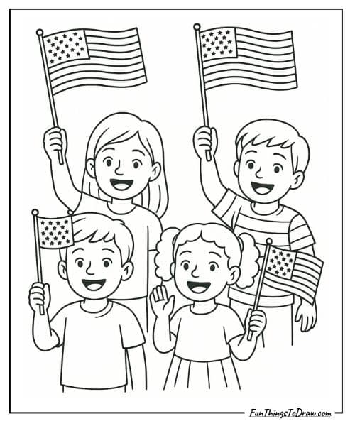 Children waving flags coloring page (4th July coloring sheets)