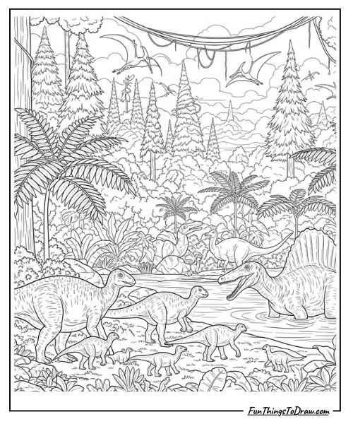 Jurassic jungle with ferns and dinosaurs coloring page for adults