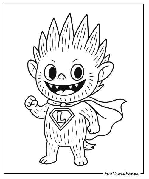 Labubu in a superhero cape coloring page