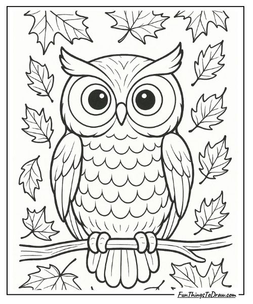 Owl sitting in falling autumn leaves coloring page