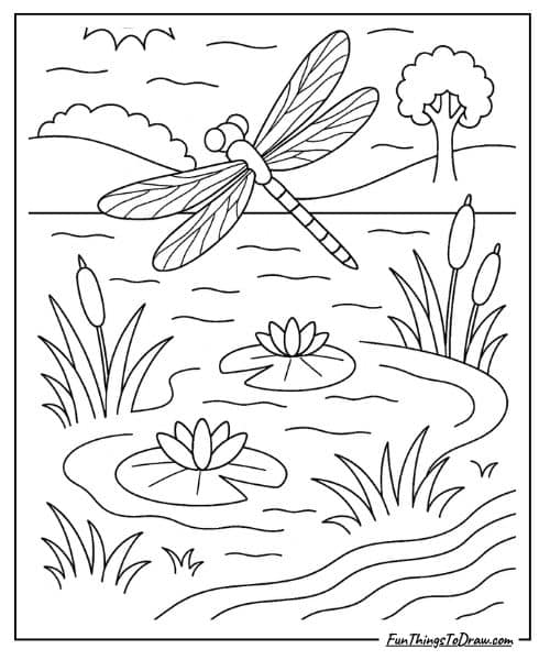Dragonfly over pond coloring sheet