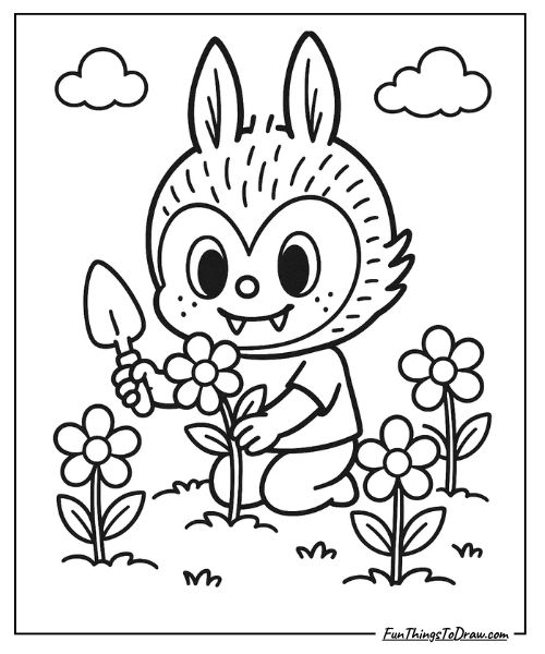 Labubu gardening with flowers coloring page