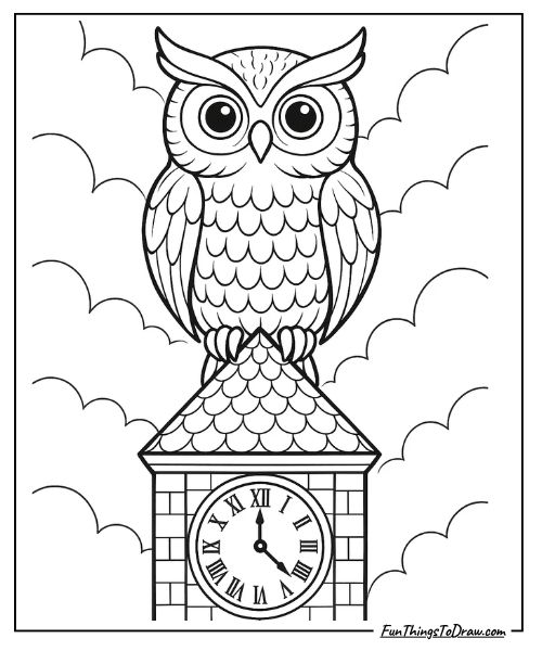 Owl perched on a clock tower coloring page