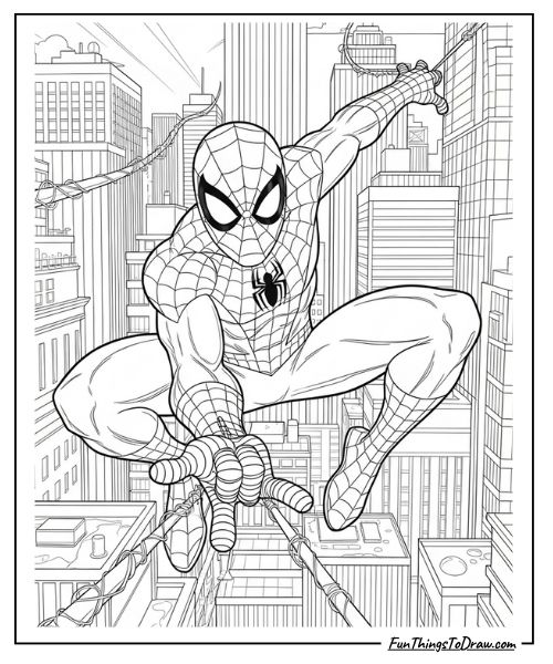 Printable Spider-Man with City Background coloring page