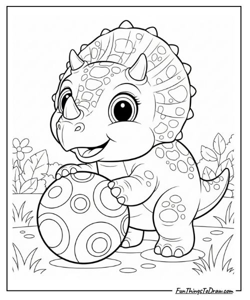 Cute baby dinosaur playing with a ball coloring page