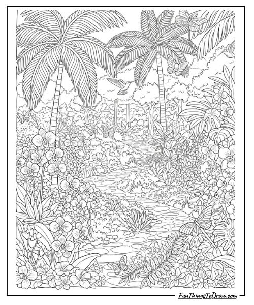 Detailed tropical garden scene coloring page