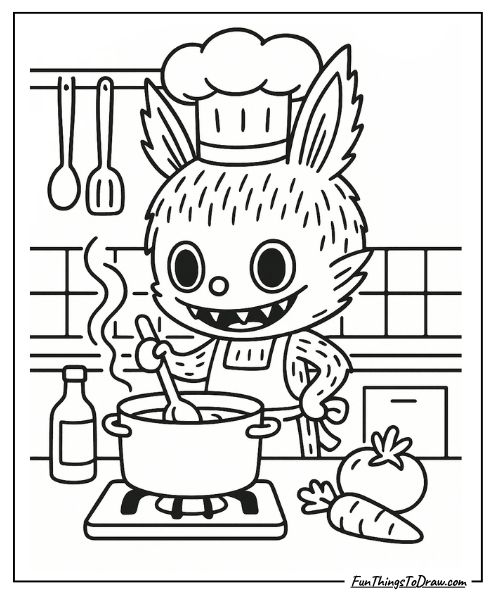 Labubu cooking with a chef hat
