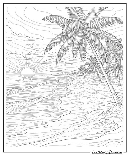 Complex beach sunset landscape coloring page