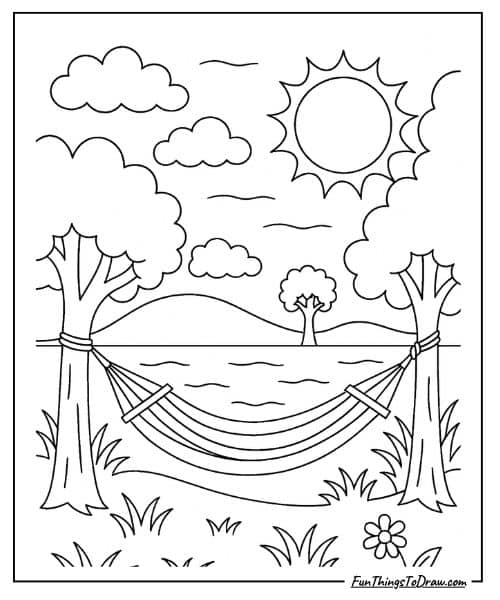 Hammock between trees coloring page