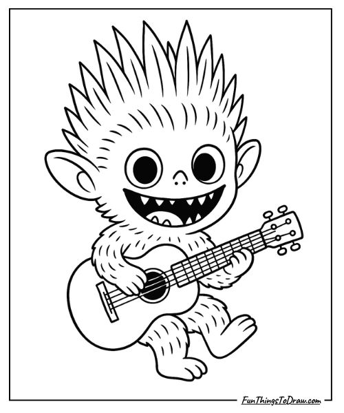 Labubu playing guitar coloring page