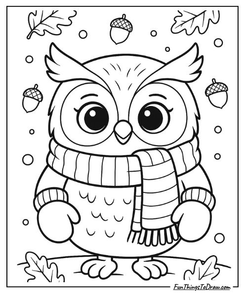 Owl wearing a scarf and mittens coloring page