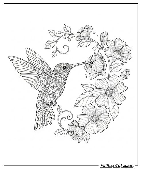 Detailed hummingbird and flowers coloring sheet