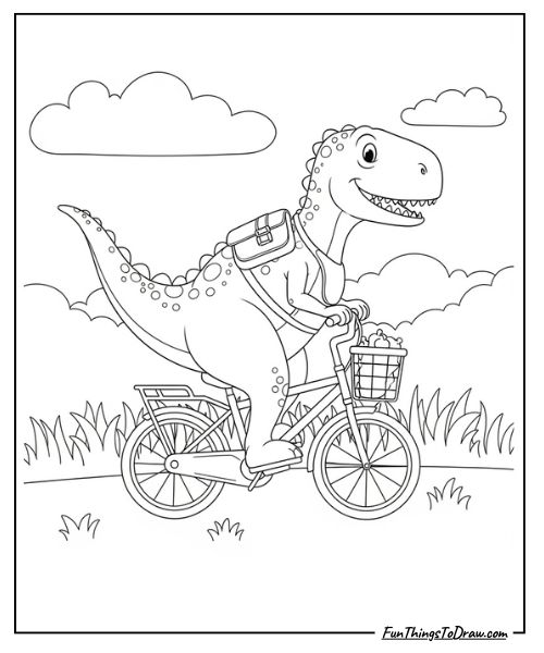 Dinosaur riding a bicycle coloring page for adults