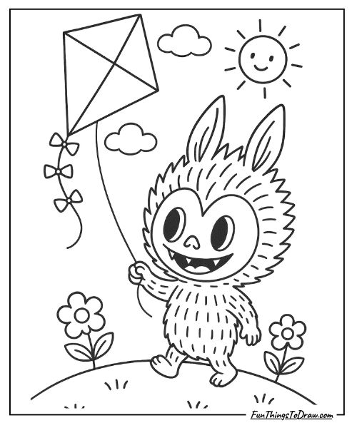 Labubu flying a kite coloring page