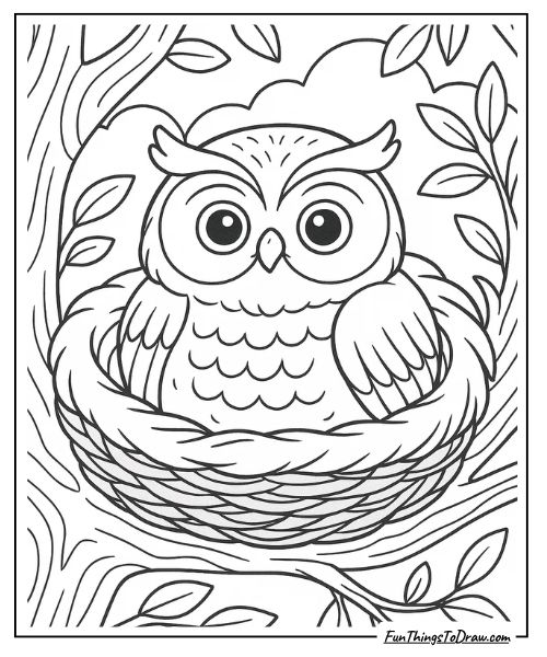 Owl in a cozy nest coloring page