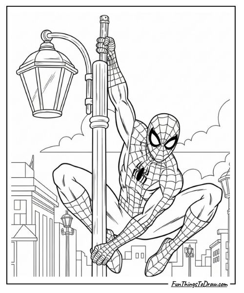 Spider-Man Hanging from Lamp Post Coloring Page