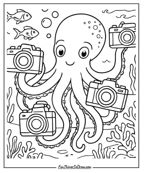 octopus photographer coloring page