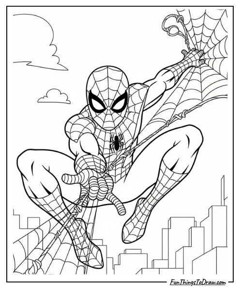 Spider-Man Swinging from a Web coloring page