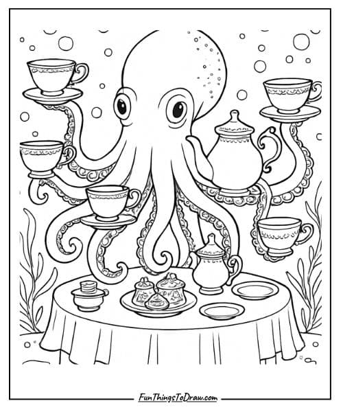 Octopus Tea Party Coloring Page