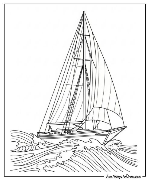 Sailboat on waves coloring page