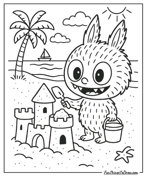 Labubu at the beach with a sandcastle coloring sheet