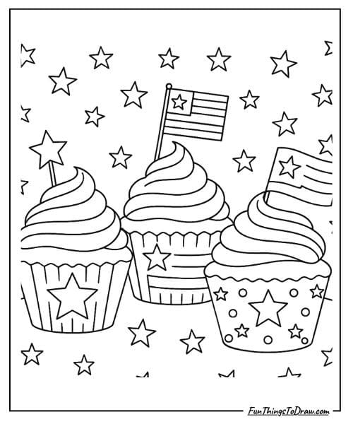 4th of July Cupcakes Coloring Page