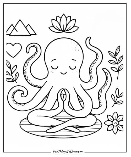 Octopus doing yoga coloring page