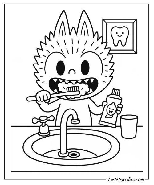 Labubu brushing teeth coloring page