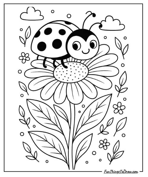 Ladybug on flower coloring sheet