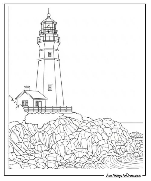 Lighthouse on rocky shore coloring page